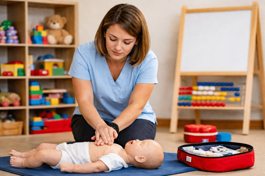 גננת מבצעת החייאה בקורס עזרה ראשונה לגננות